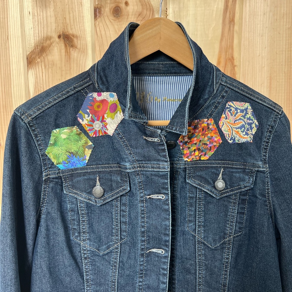 Up cycled Denim Jacket with Colorful Patchwork size Large